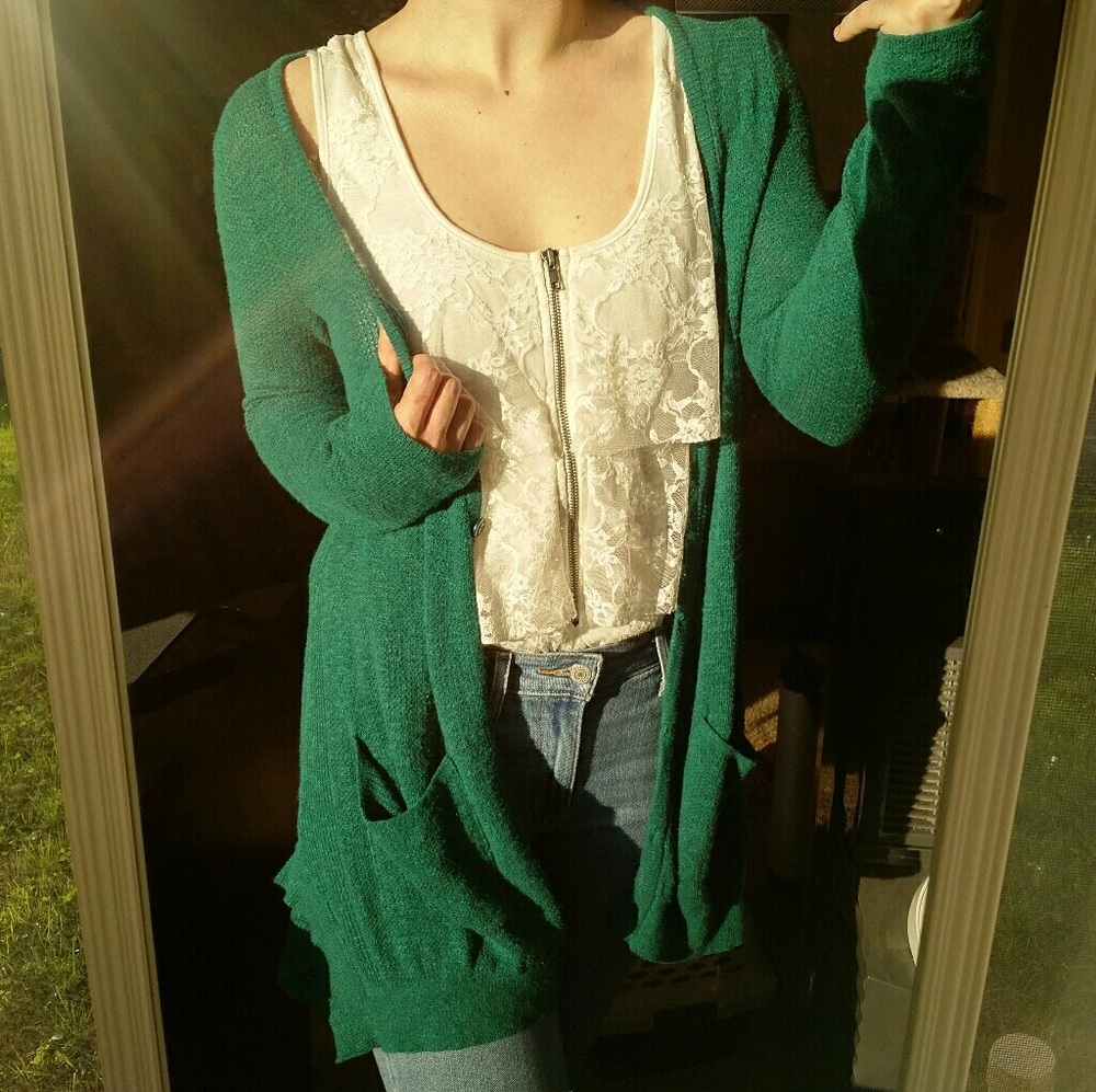 Free People Green Ruffle Long Button Up Cardigan